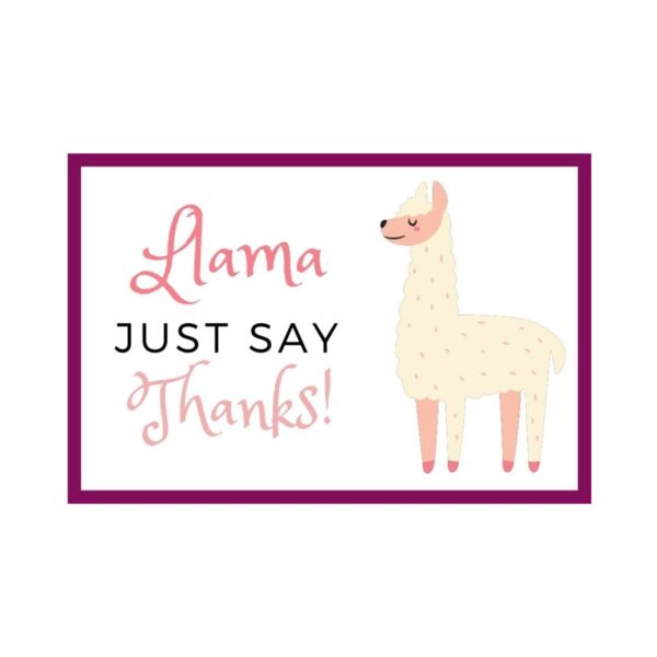 close up to Llama Just say Thanks - thank you gift label tags with animal puns compatible with Avery templates.