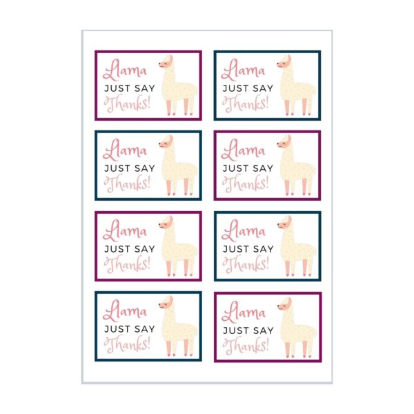 Full sheet of Llama Just say Thanks - thank you gift label tags with animal puns compatible with Avery templates.