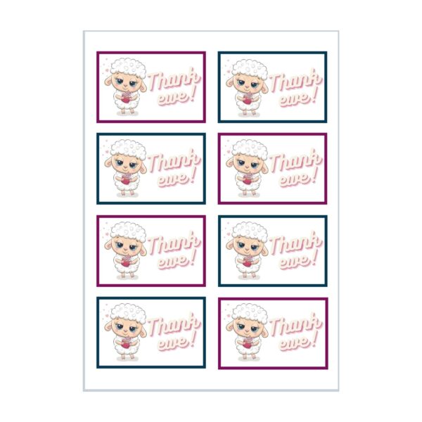 Full sheet of Thank Ewe - Thank you animal puns gift label tags compatible to Avery templates.