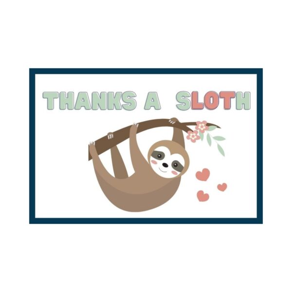 Close up to thanks a sloth thank you gift label tags with animal puns compatible with Avery templates.