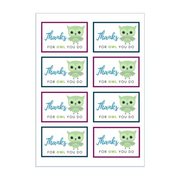 Thanks for Owl You Do Animal Puns Gift Label Tags Compatible to Avery templates. Full sheet image.